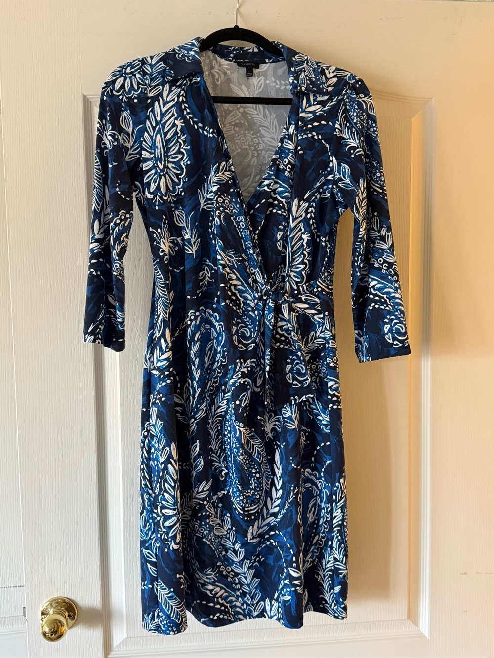 Talbots Navy and White Paisley Wrap Jersey Midi Dress